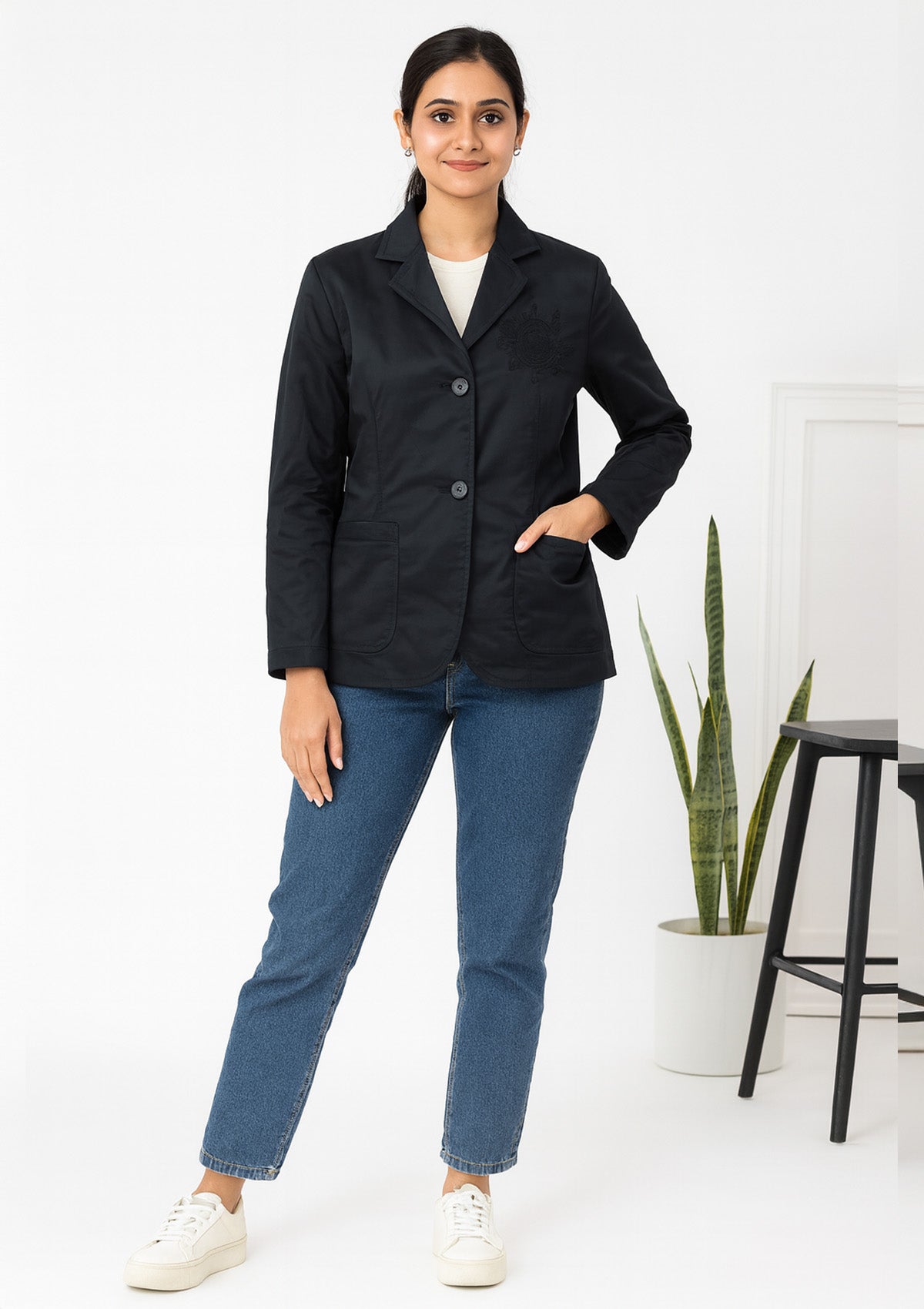 Black Buttoned Warm Winter Blazer – Notch Collar
