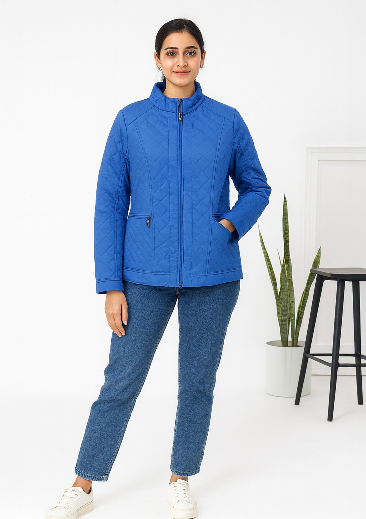Royal Blue Quilted Jacket with Stand Collar - Lightweight Warmth