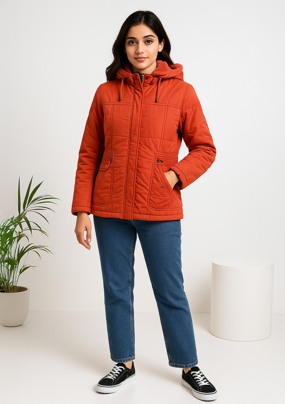 Rust Orange Hooded Winter Jacket – Front with Snap Pockets