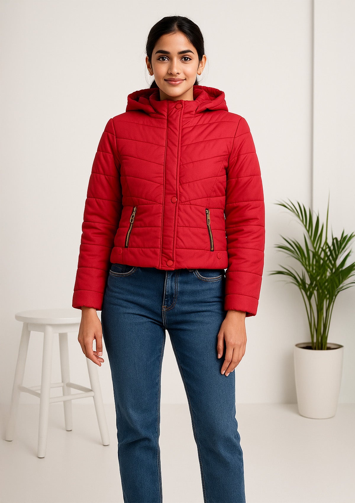 Red Quilted Hooded Jacket – Snap Hem with Zip Pockets