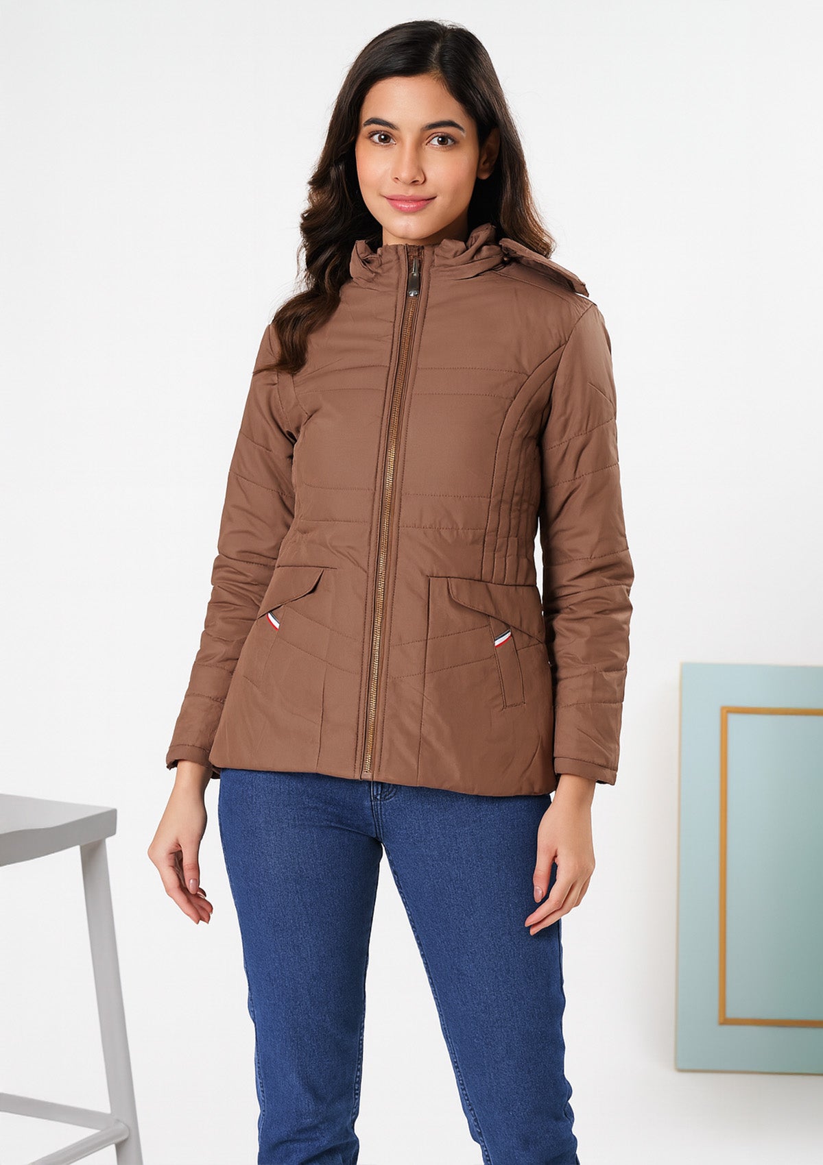 Mocha Brown Quilted Jacket – Zip Front with Flap Pockets
