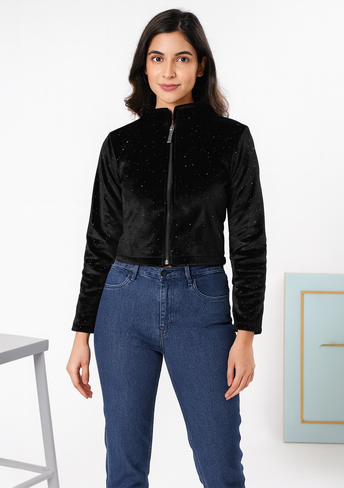 Black Velvet Glitter Jacket with Zip Front & Party‑Ready Shine