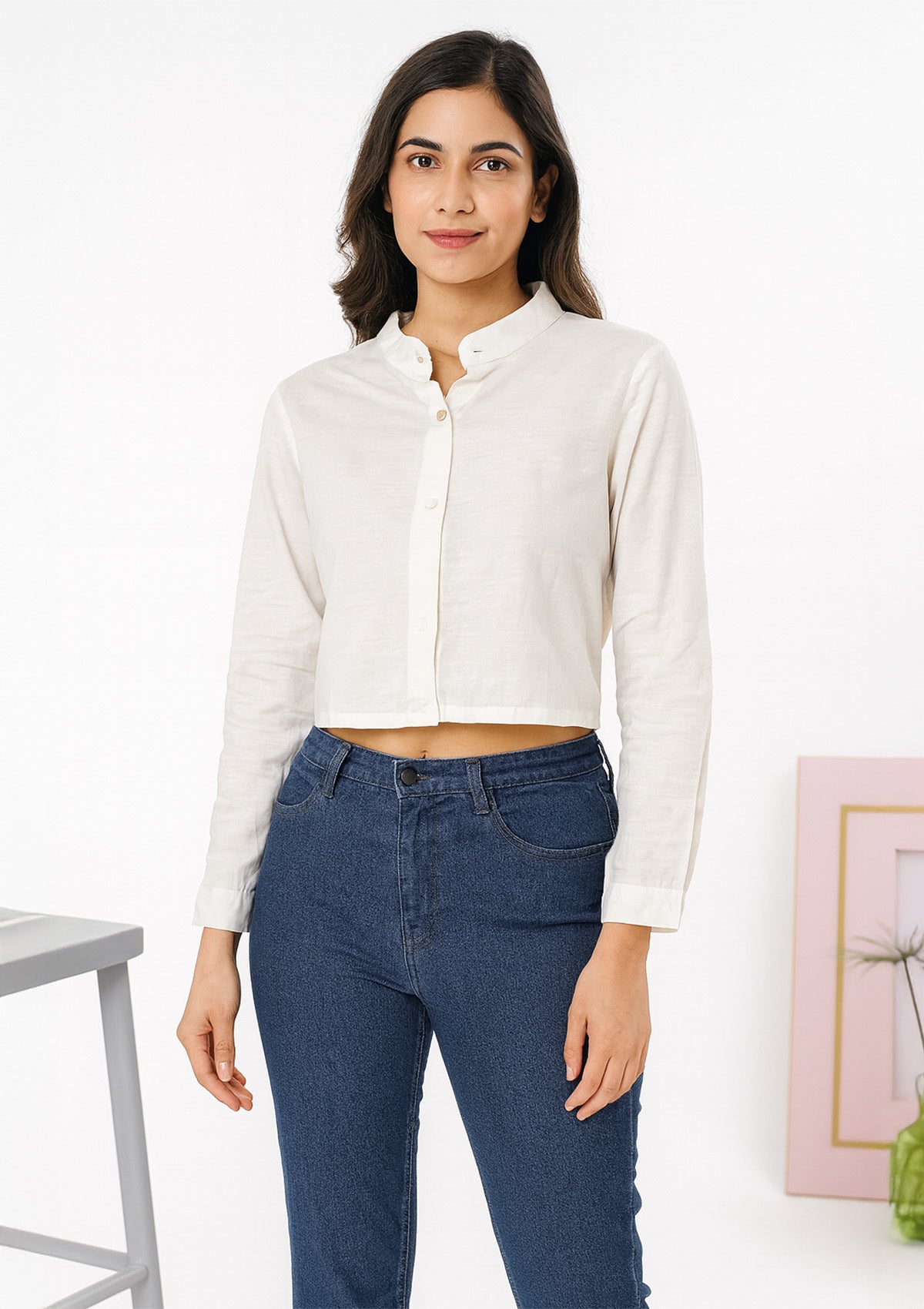 White Mandarin Collar Shirt – Minimal Cotton Blend