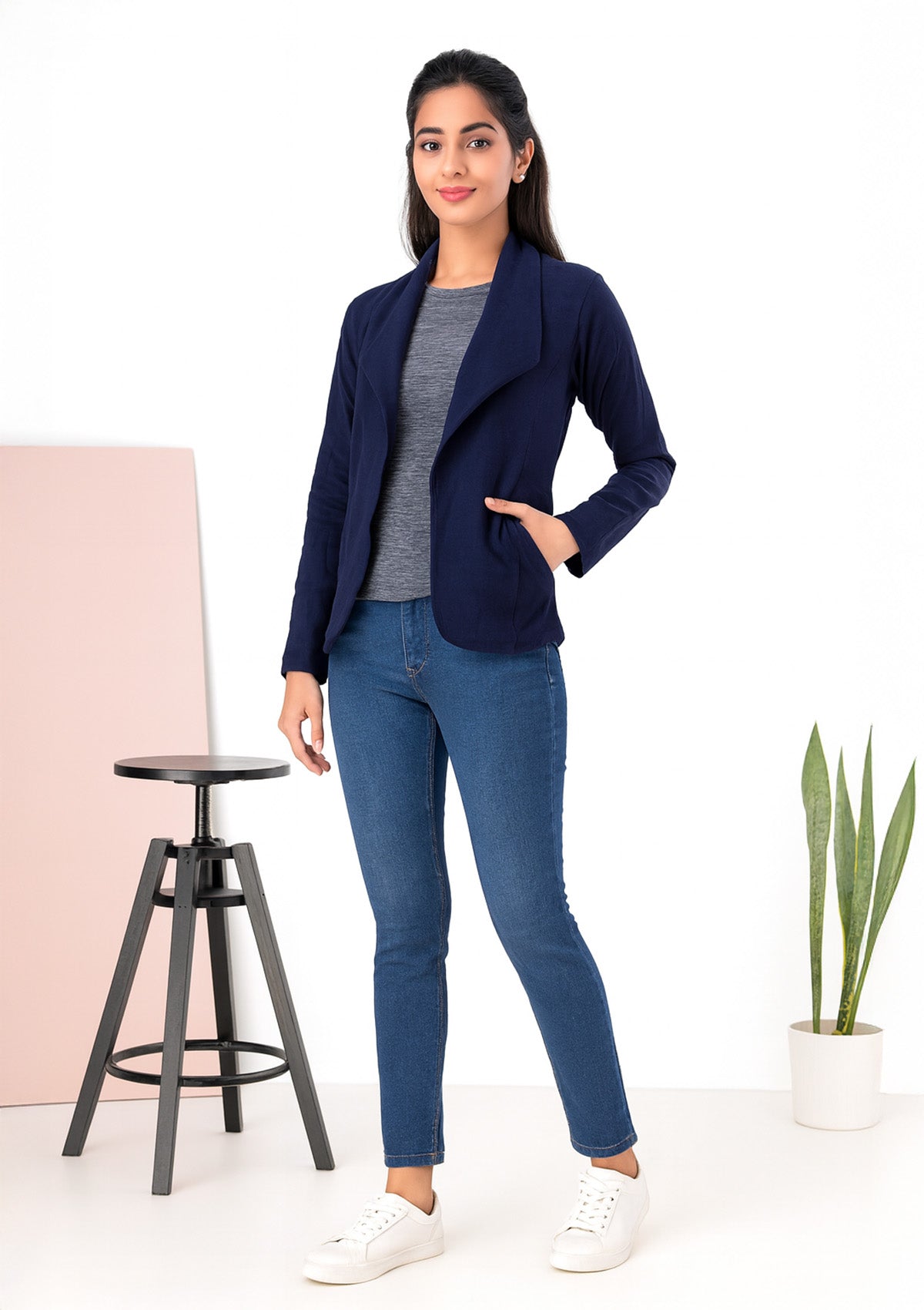 Navy Draped Open-Front Jacket – Lightweight Knit