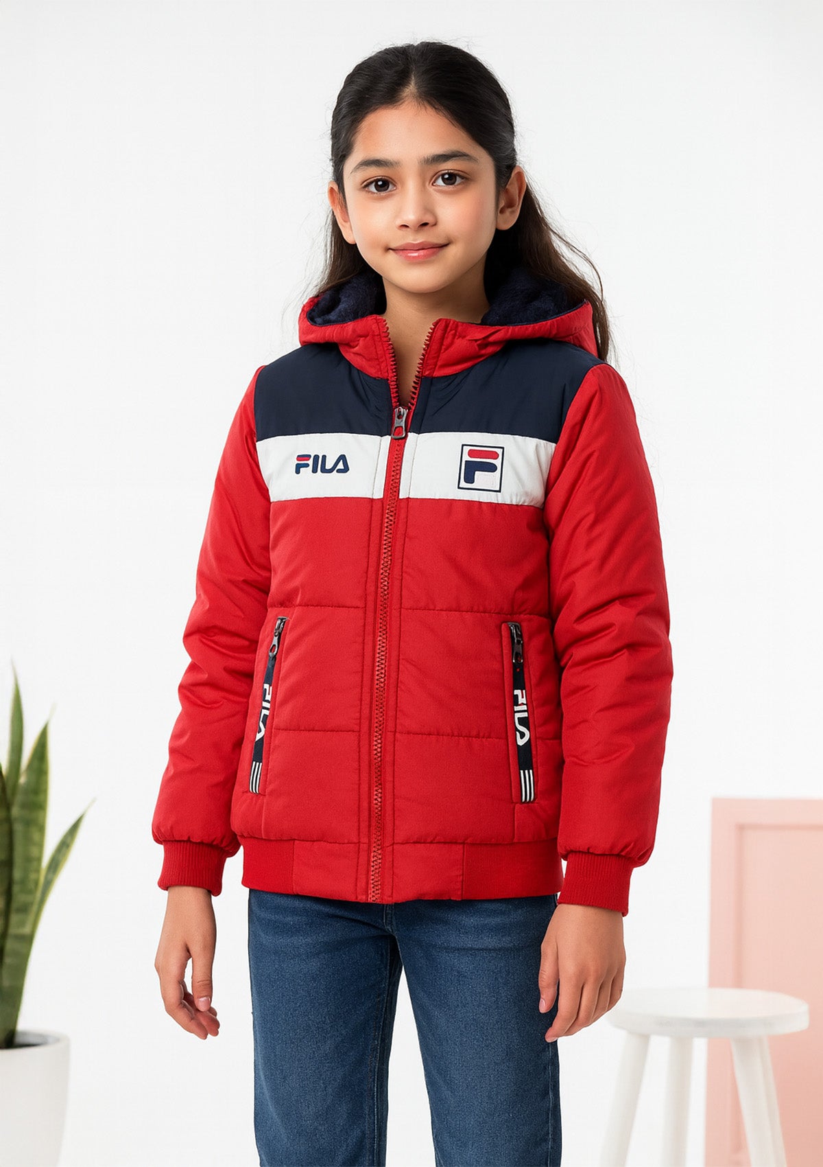 Kids Red Hooded Winter Jacket – Soft Fleece Lining with Zip Pockets