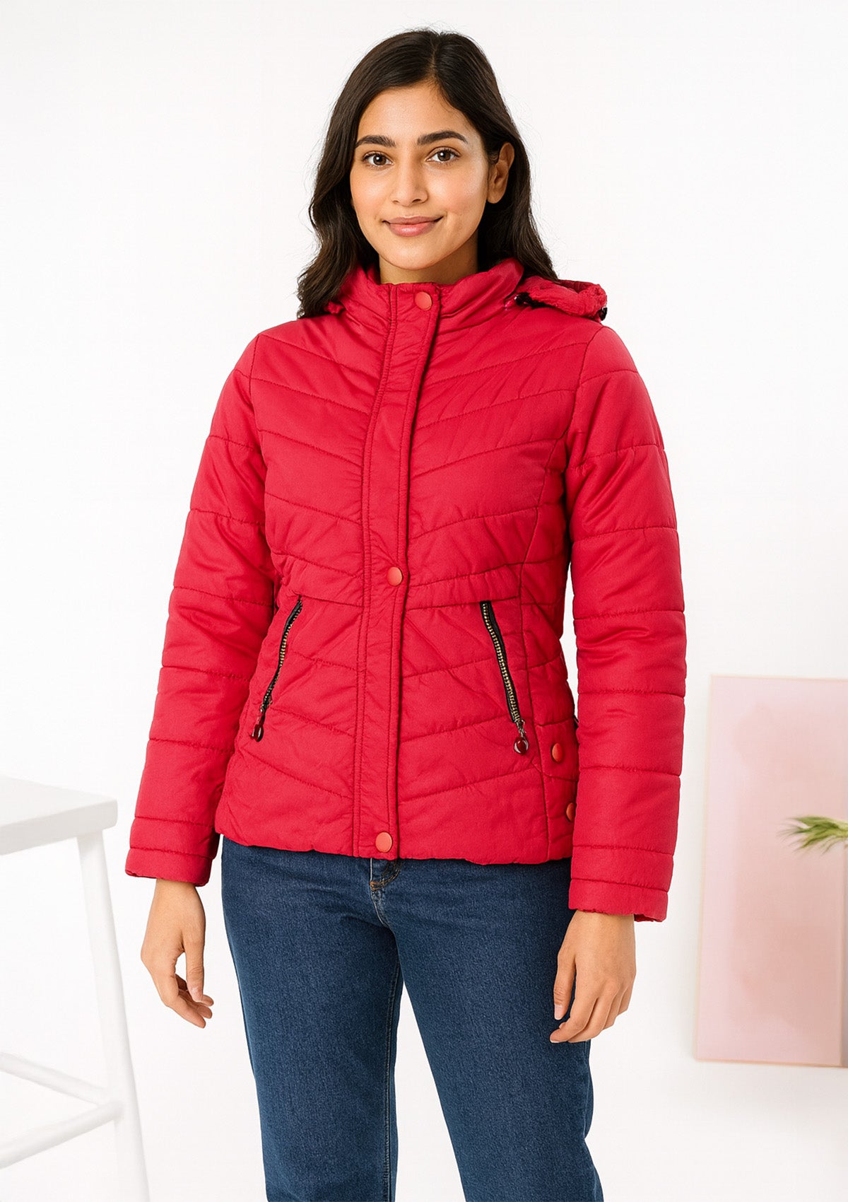 Red Quilted Hooded Jacket – Snap Hem with Zip Pockets
