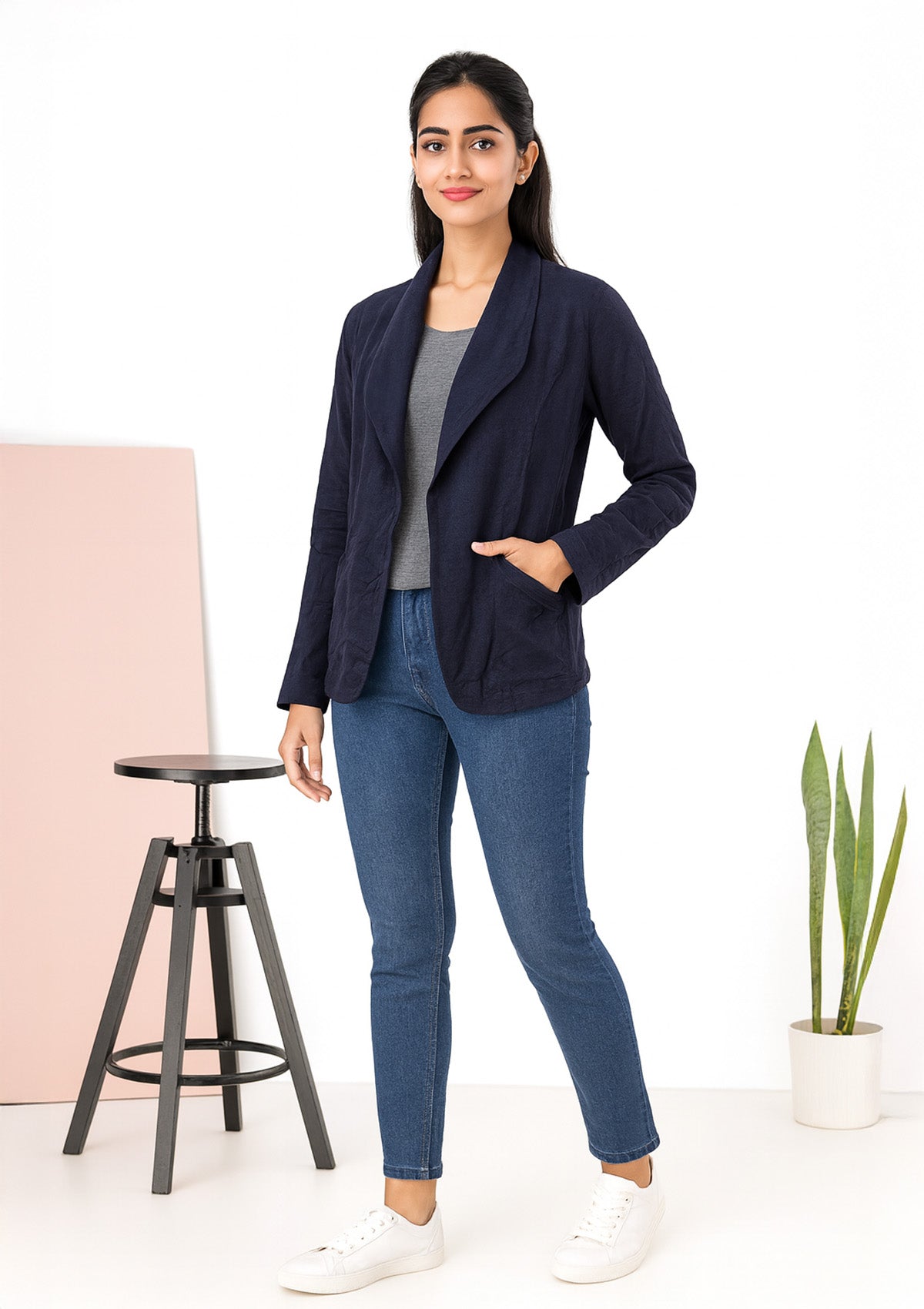 Navy Draped Open-Front Jacket Blazer – Lightweight Knit