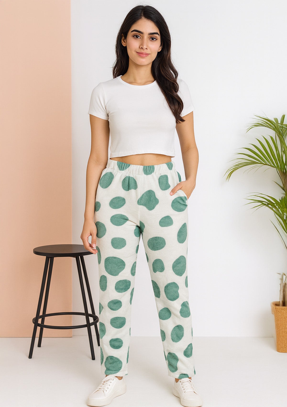 Green Spot Velvet Lower for Women – Ultra Soft Winter Lounge Pants