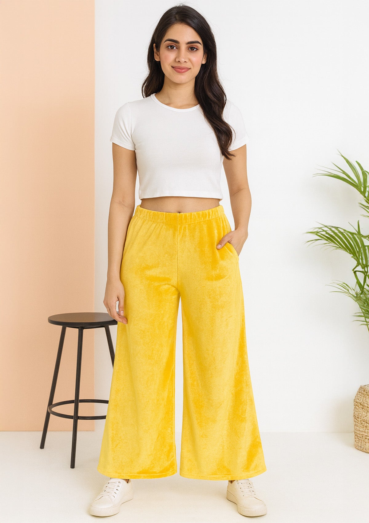 Golden Yellow Velvet Palazzo – Ultra Soft Wide-Leg Winter Pants