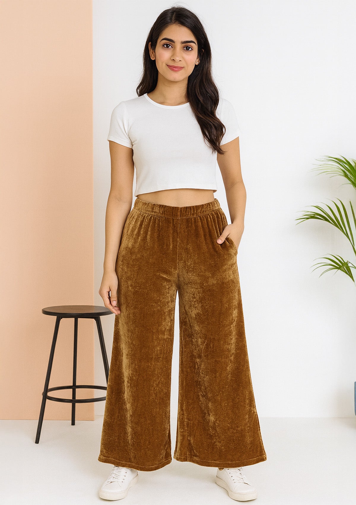 Brown Velvet Palazzo – Ultra Soft Wide-Leg Winter Pants