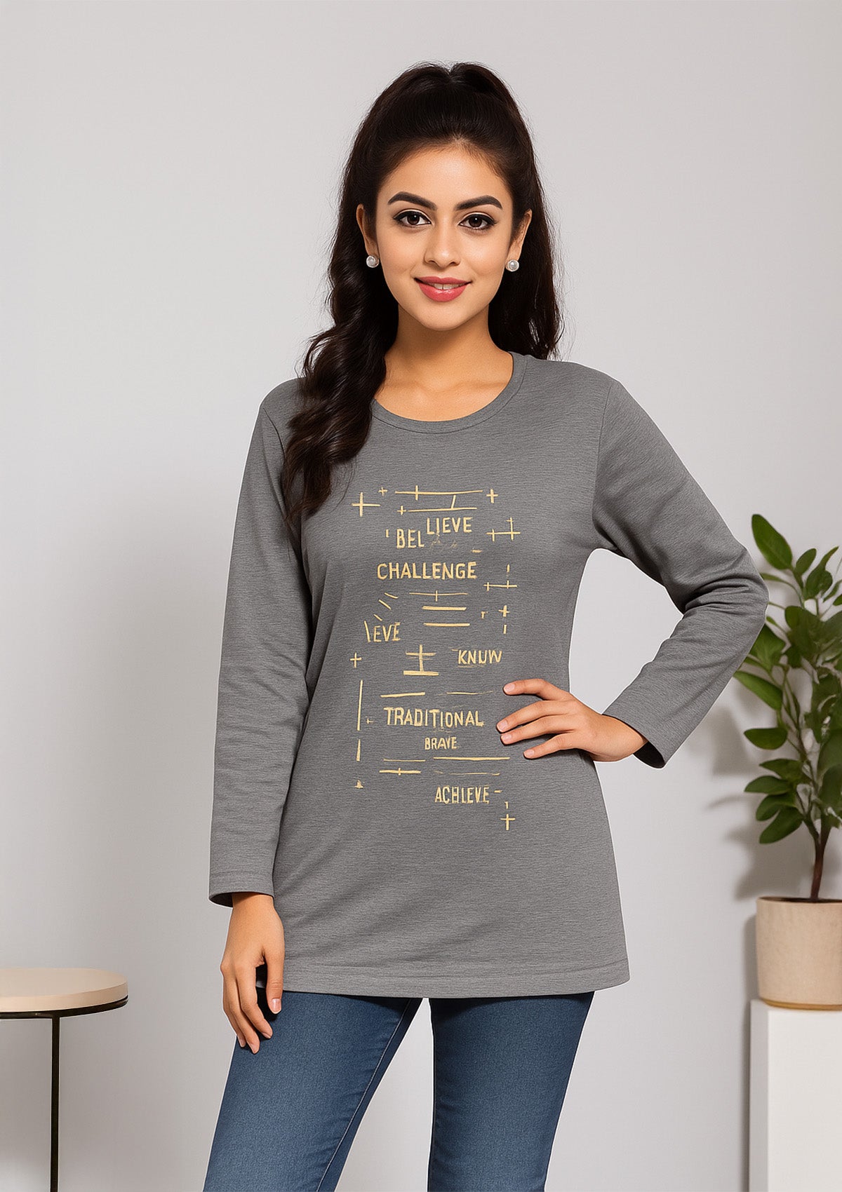 Women’s Long Top - Grey Cotton Knit with Typographic Print