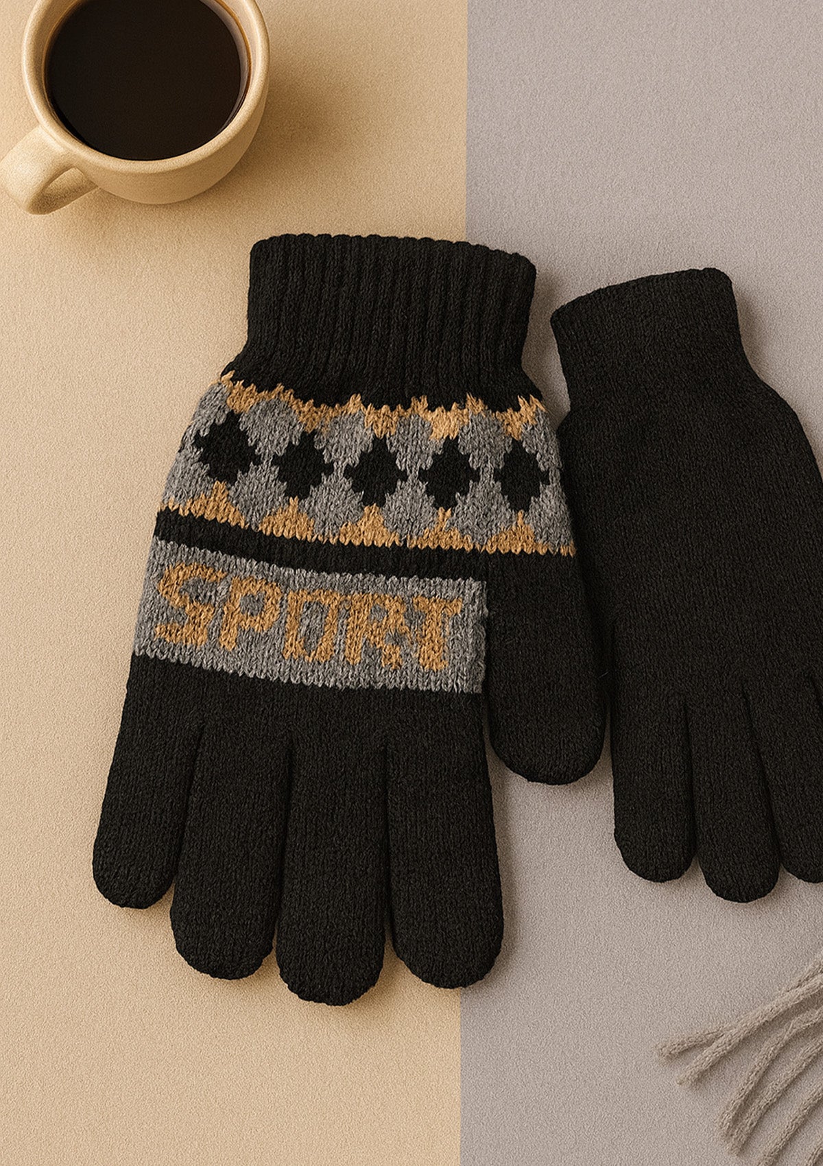 Classic Solid Brown + Sport Pattern Black - Gloves Set of 2