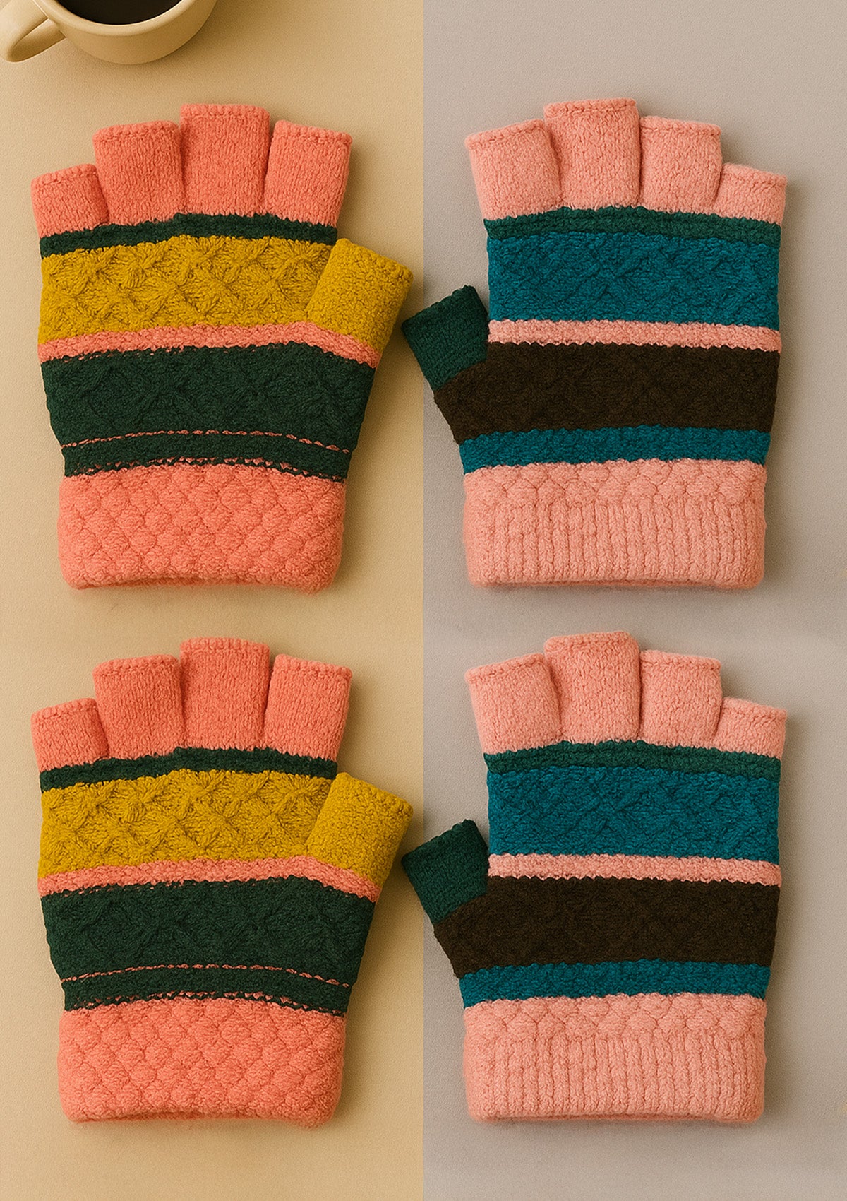 Half Finger Knit Gloves Set of 2 – Cozy Striped Fingerless Mitts