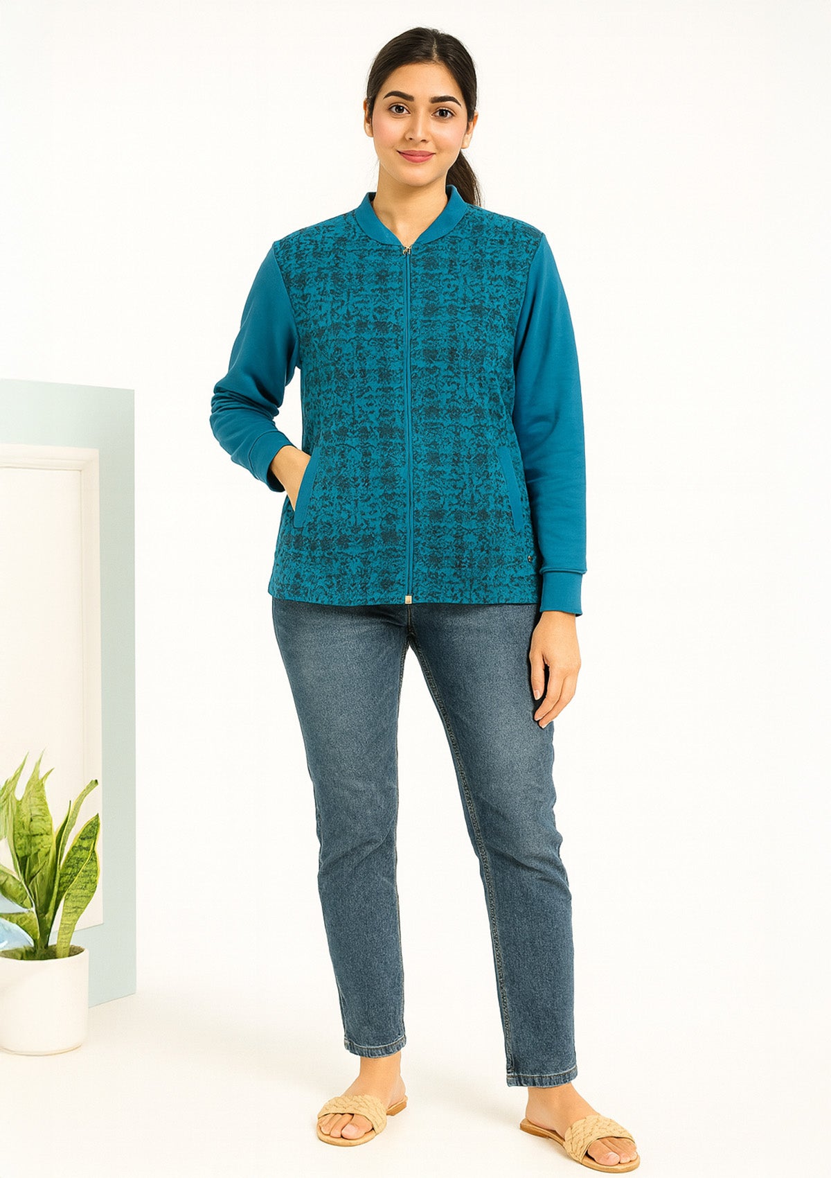 Premium Zip Jacket for Women – Textured Houndstooth Front