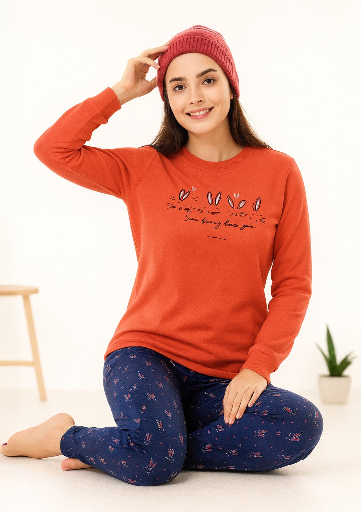 Cotton Lounge Night Suit for Women – Long Sleeve Graphic Top