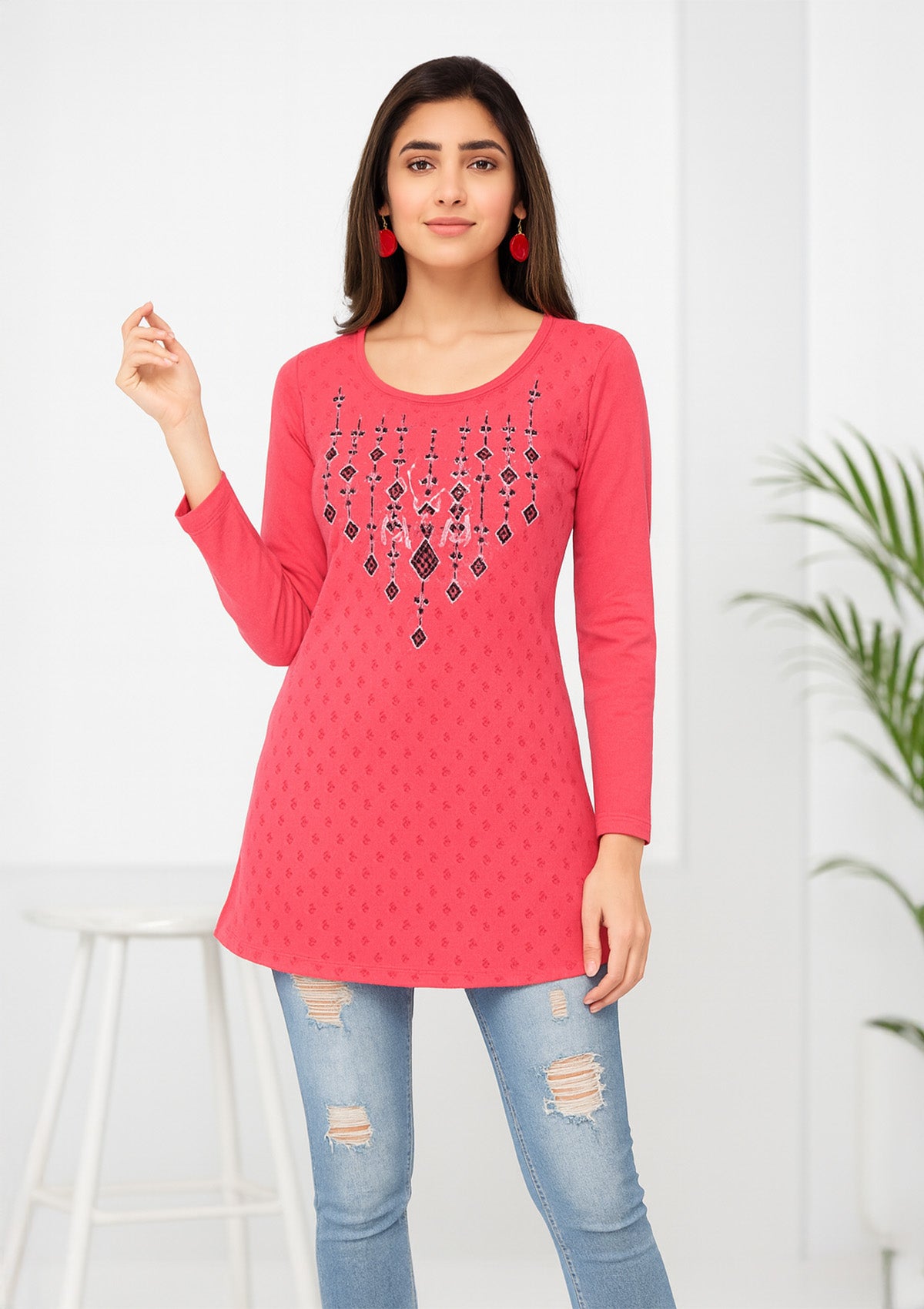 Women’s Long Top – Pink Cotton Knit with Geometric Yoke Print