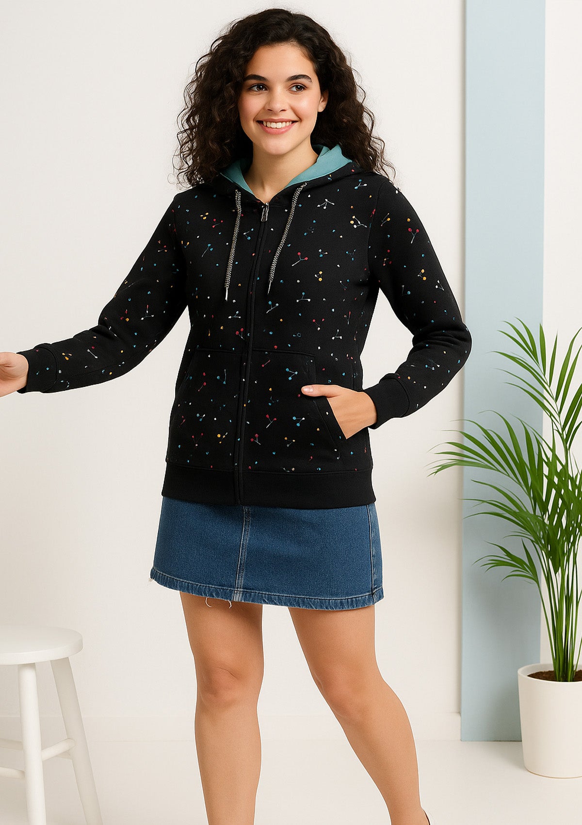 Premium Printed Black Layer Zip Hoodie – Soft Fleece