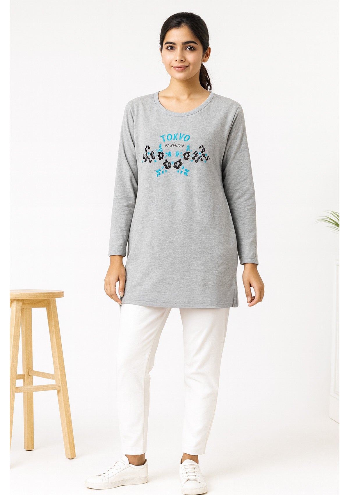 Grey Warm Long T-Shirt for Women – Brushed Tunic Top