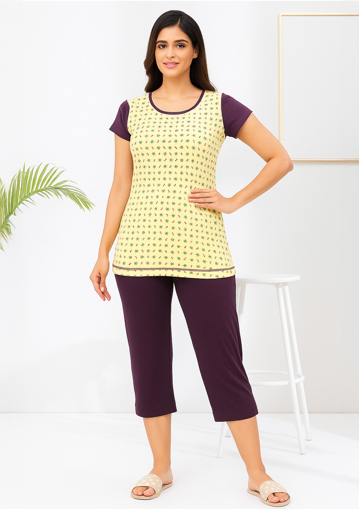 Pastel Yellow Print Capri Lounge Suit - Cool Everyday Comfort