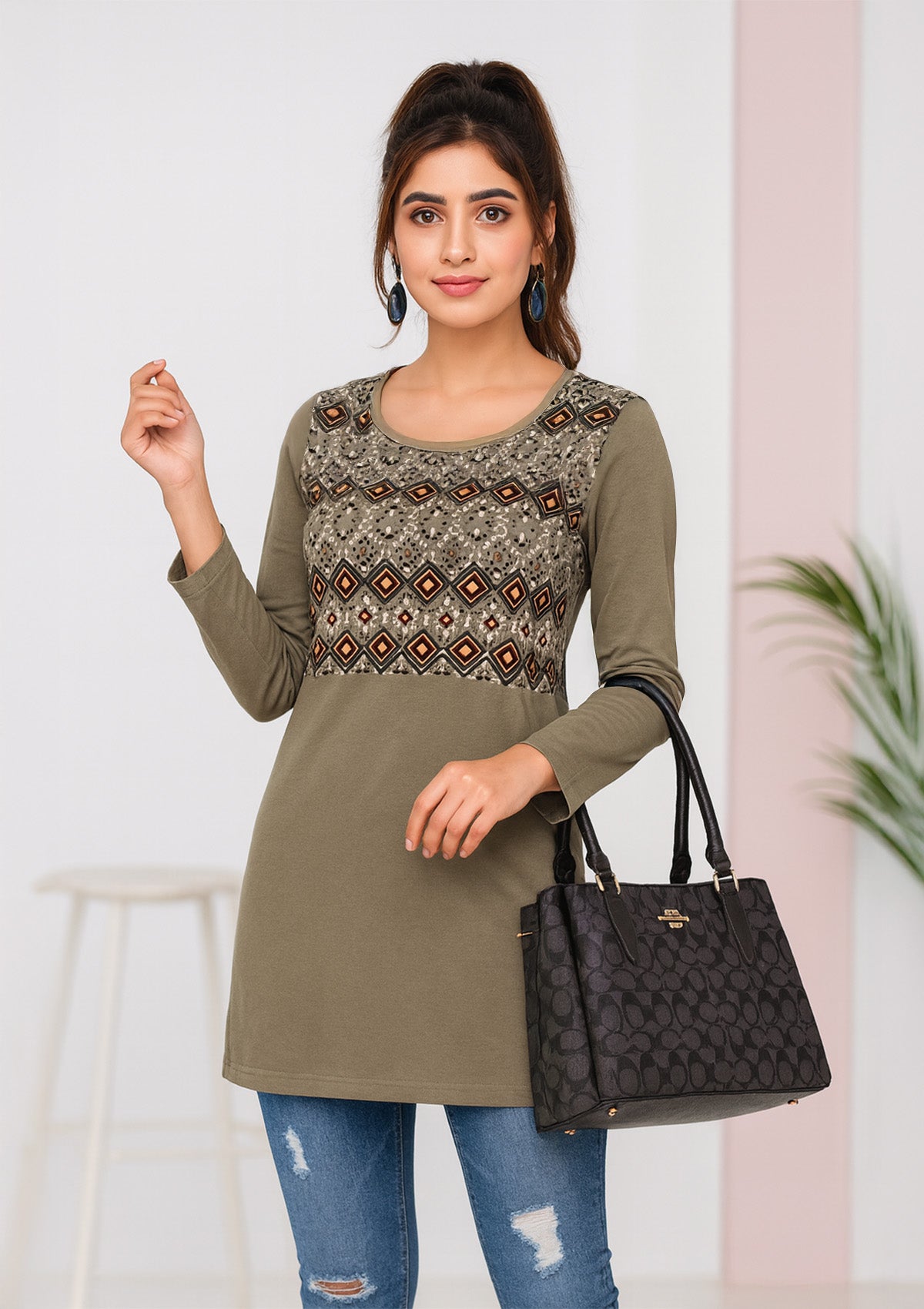 Women’s Long Top – Olive Green Knit with Tribal Geometric Print
