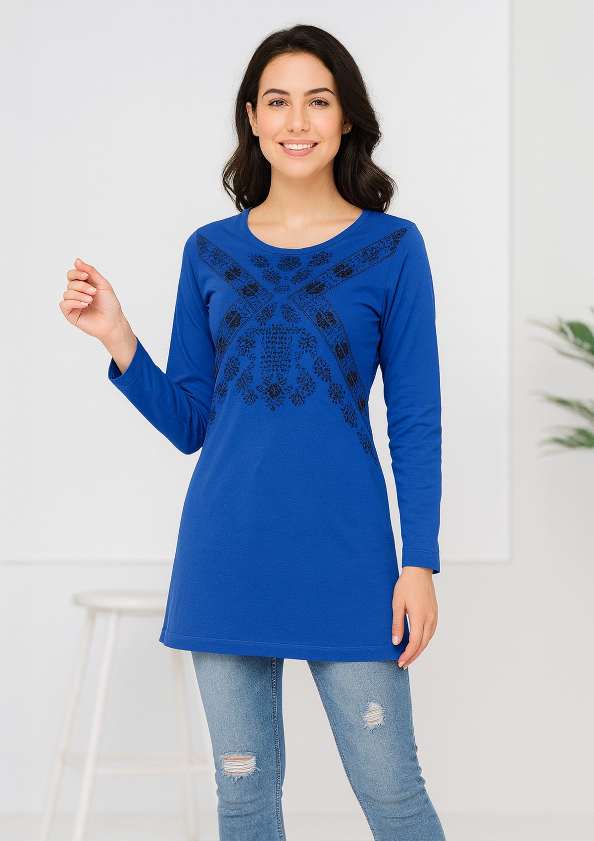 Women’s Long Top – Royal Blue Knit with Ornate Cross‑Panel Print