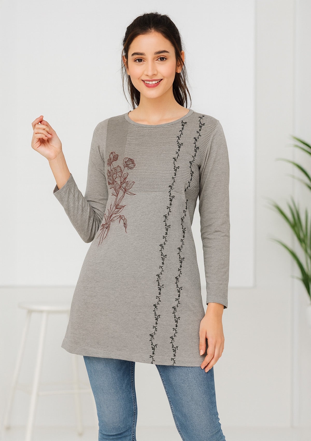 Women’s Long Top – Heather Grey Knit with Asymmetric Stripe Panel
