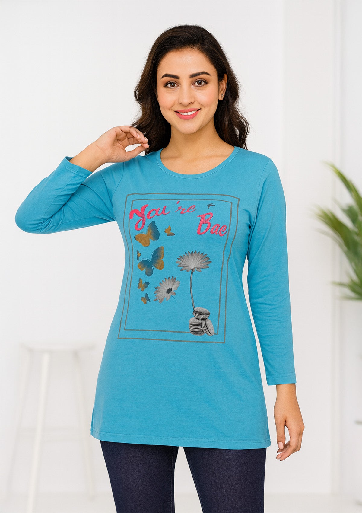 Women’s Long Top – Sky Blue Knit with Framed Butterfly Daisy Graphic