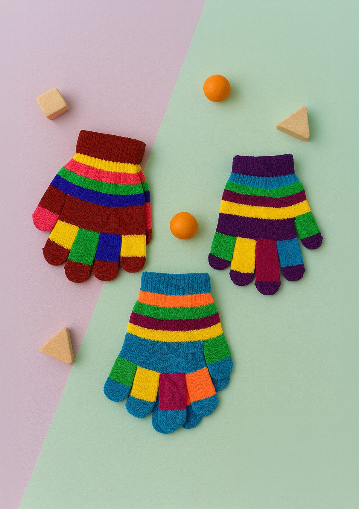 Kids Winter Gloves Set of 3 – Soft Knitted Rainbow Finger Gloves