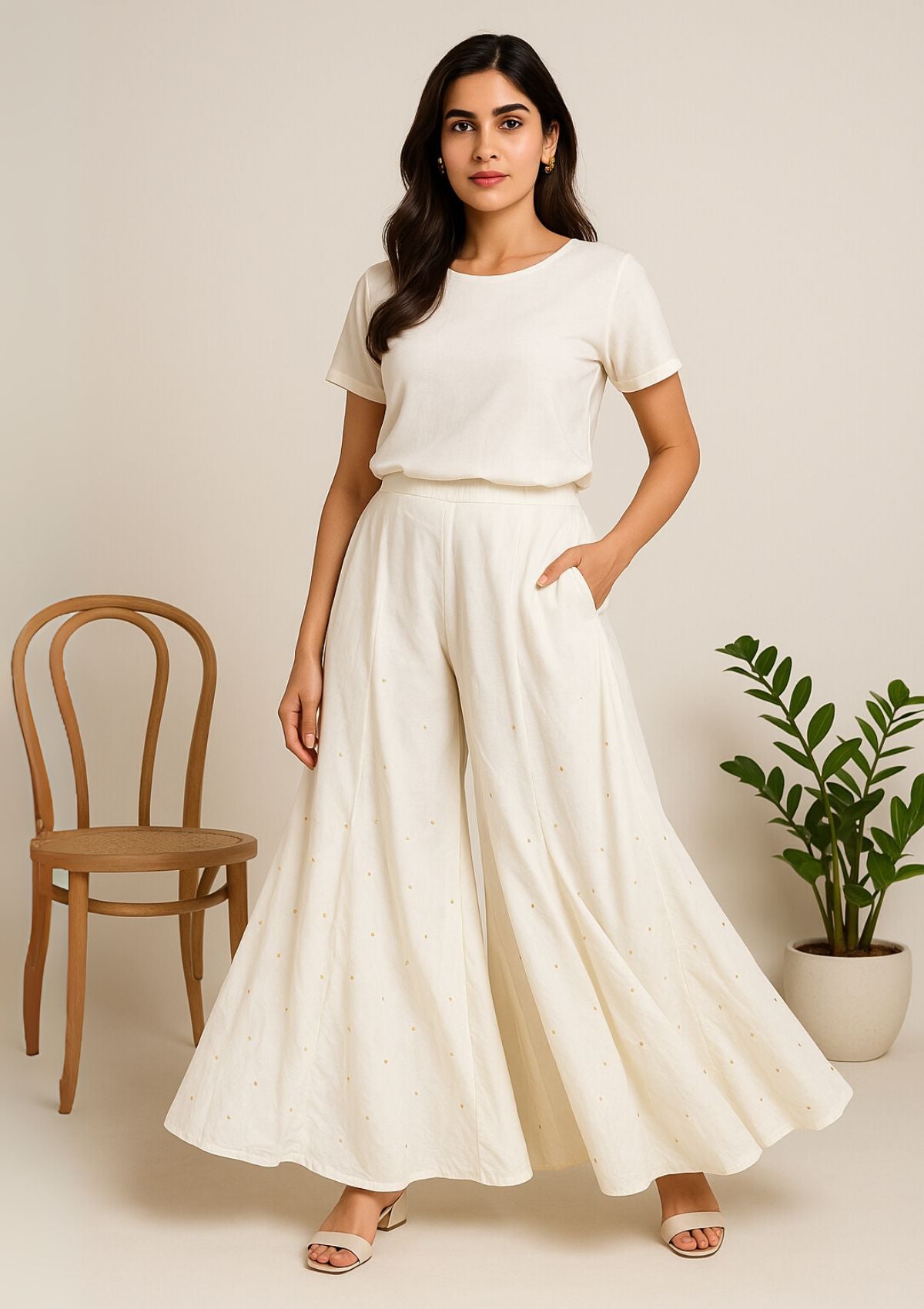 Women’s White Rayon Sharara – Gold Dot Flared Ethnic Palazzo