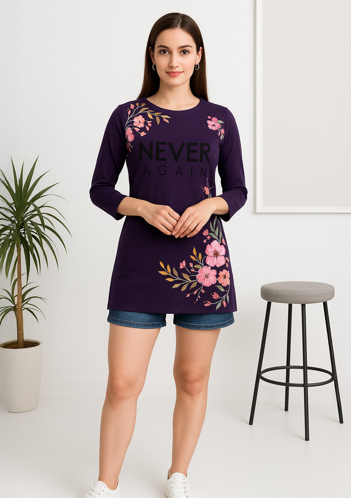 Women’s Long Top/T‑Shirt – Deep Purple Cotton Knit