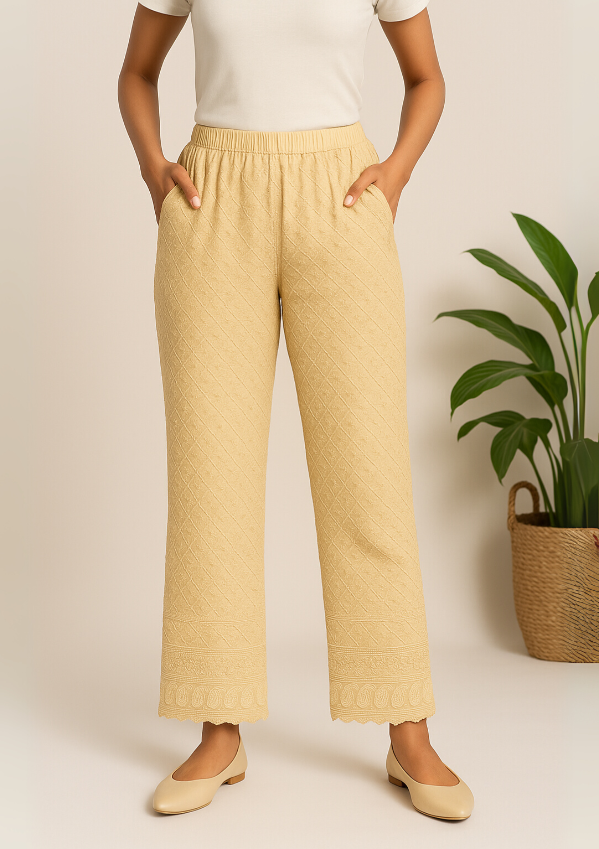 Women’s Beige Cotton Pant – Chikankari Embroidery Straight