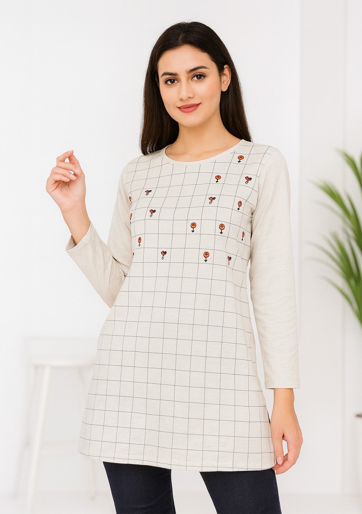 Women’s Long Top/T‑Shirt – Ivory Cotton Knit