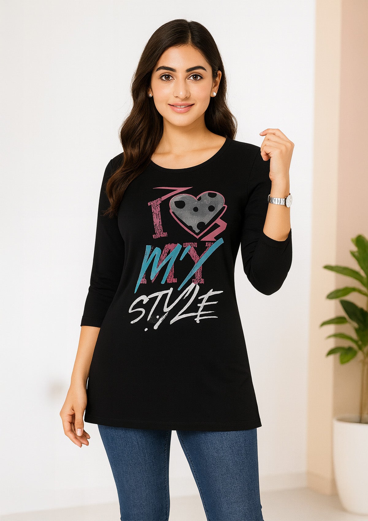 Women’s Long Top – Black Knit with “I Love My Style” Graphic