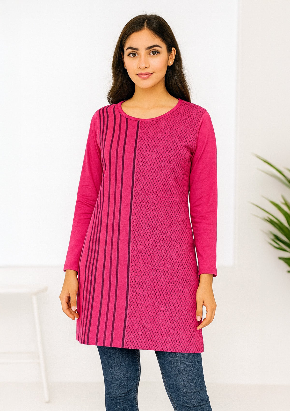 Women’s Long Top – Magenta Cotton Knit with Half‑and‑Half Stripes