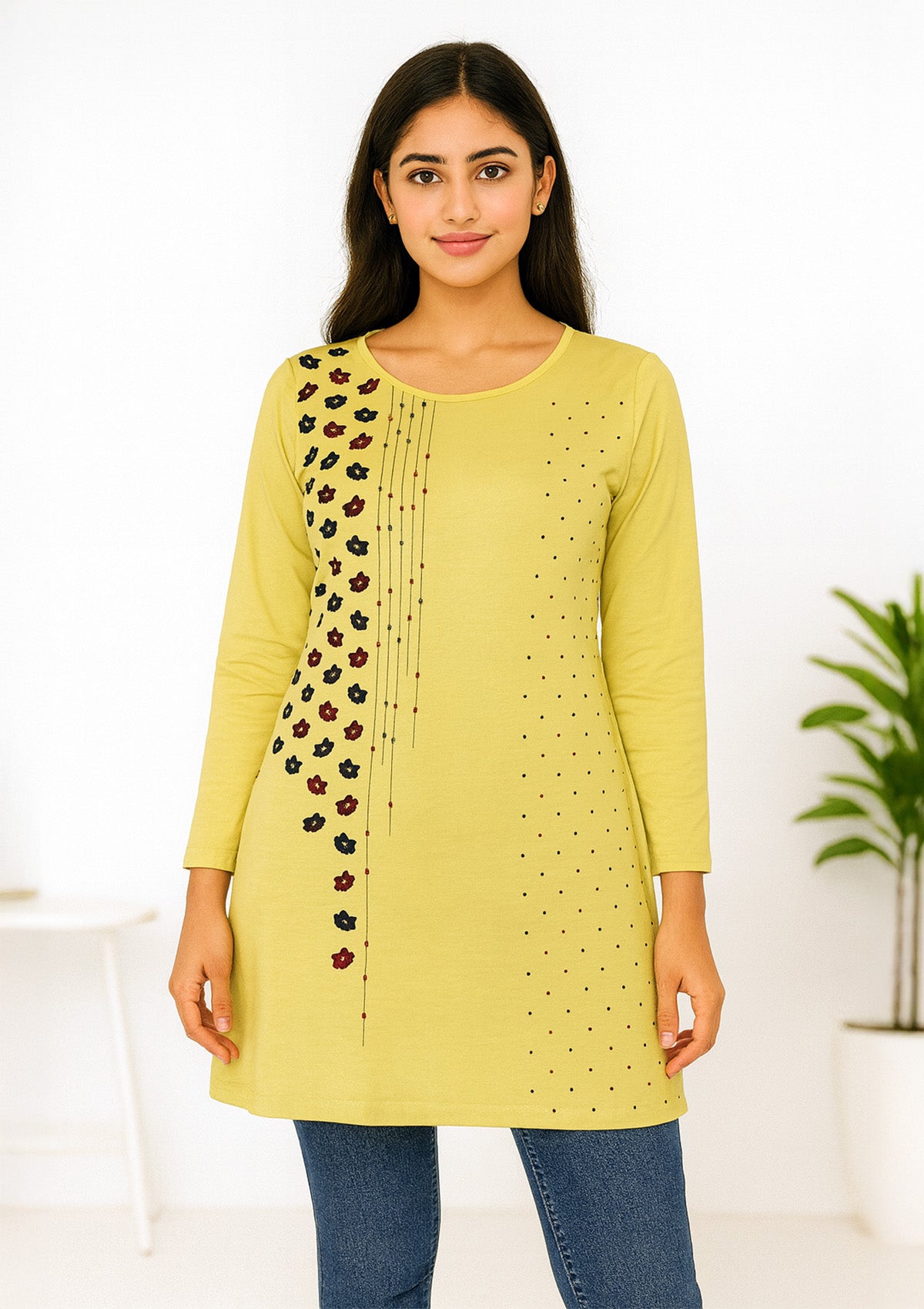 Women’s Long Top – Pastel Yellow Knit with Floral Panel with Polka Dot