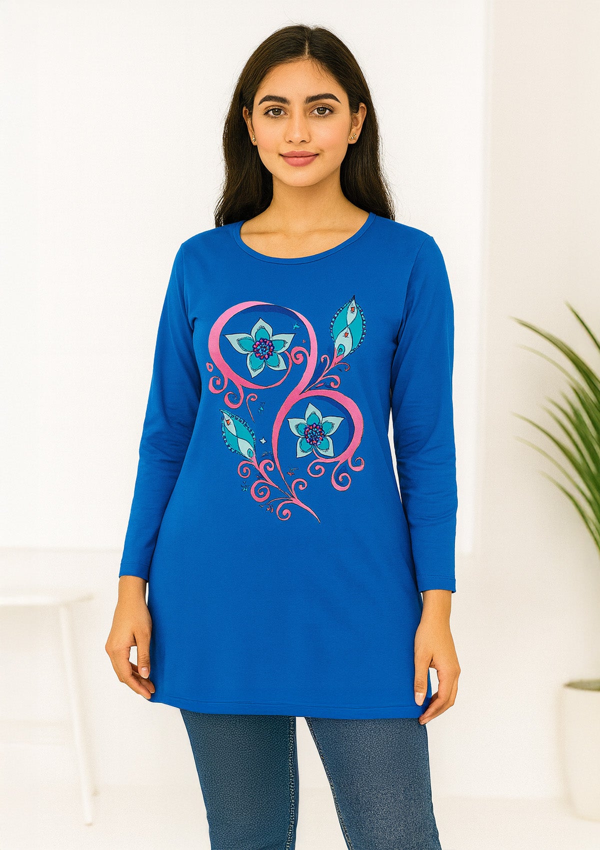 Women’s Long Top – Blue Cotton Knit with Swirl Floral Graphic