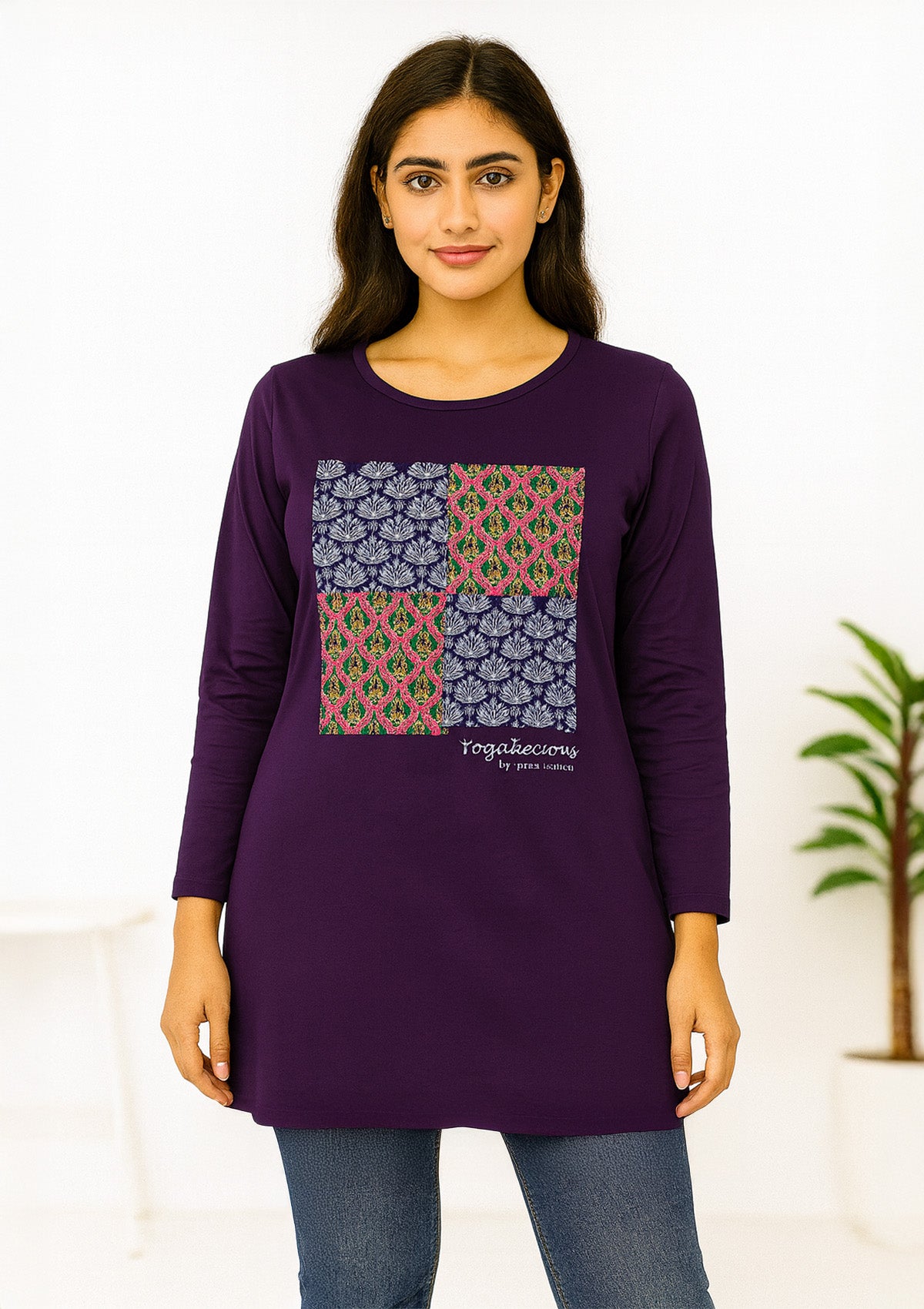 Women’s Long Top – Deep Purple Knit with Patchwork Tile Graphic