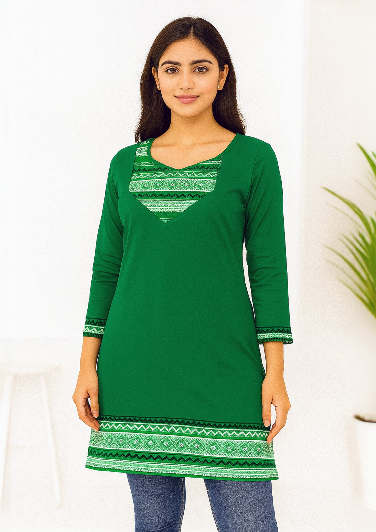 Women’s Long Top – Emerald Green Cotton Knit with Tribal Border