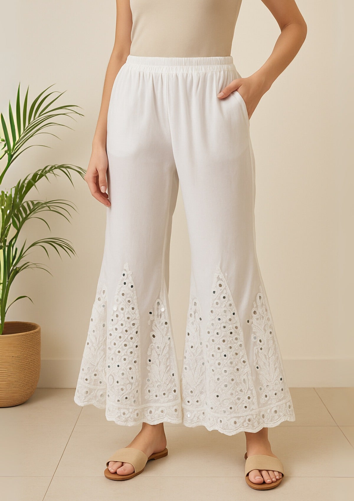 White Georgette Sharara – Lucknowi Mirror Work Heavy Embroidered