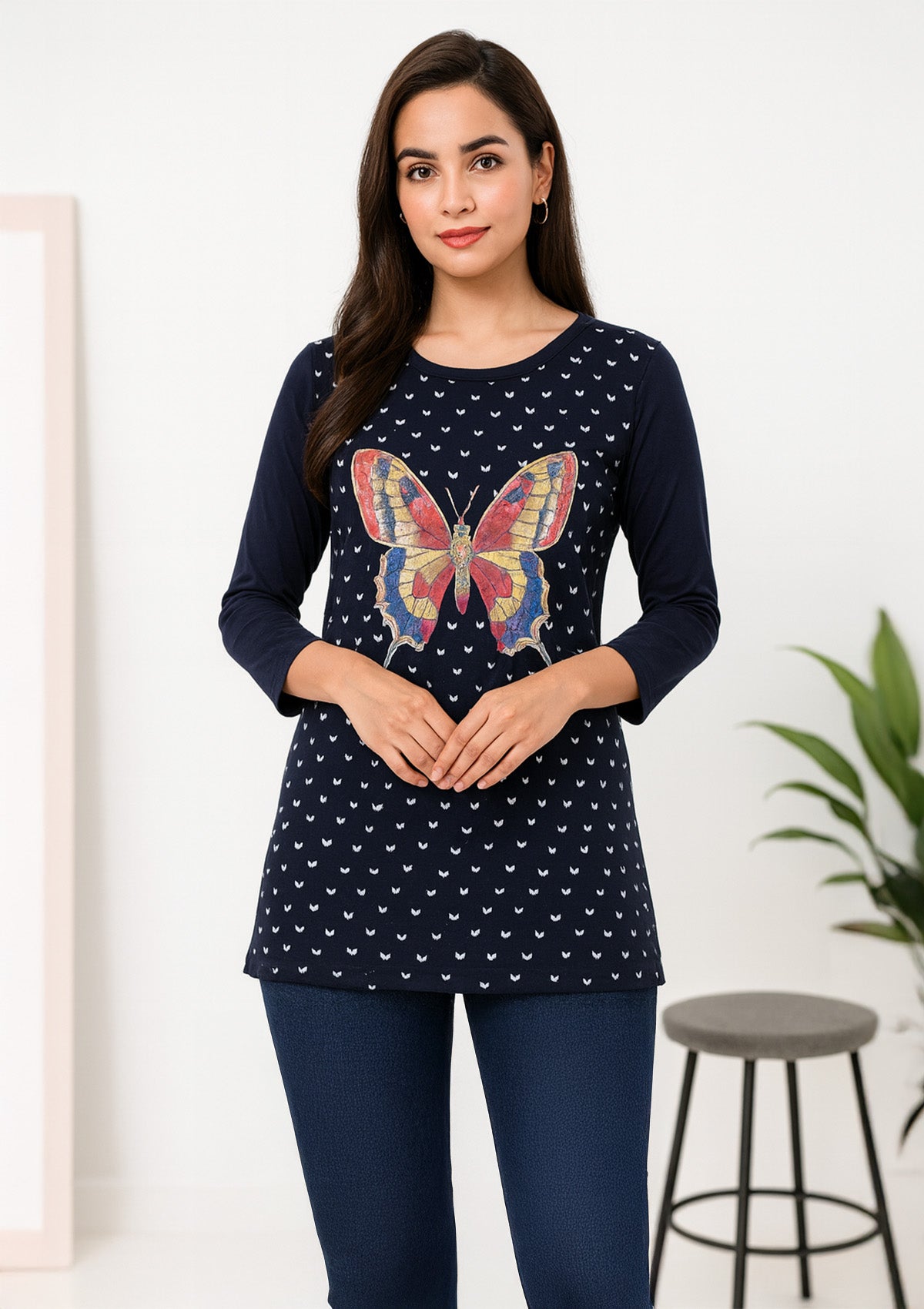 Women’s Long Top/T‑Shirt – Navy Cotton Knit with All‑Over Mini Motifs