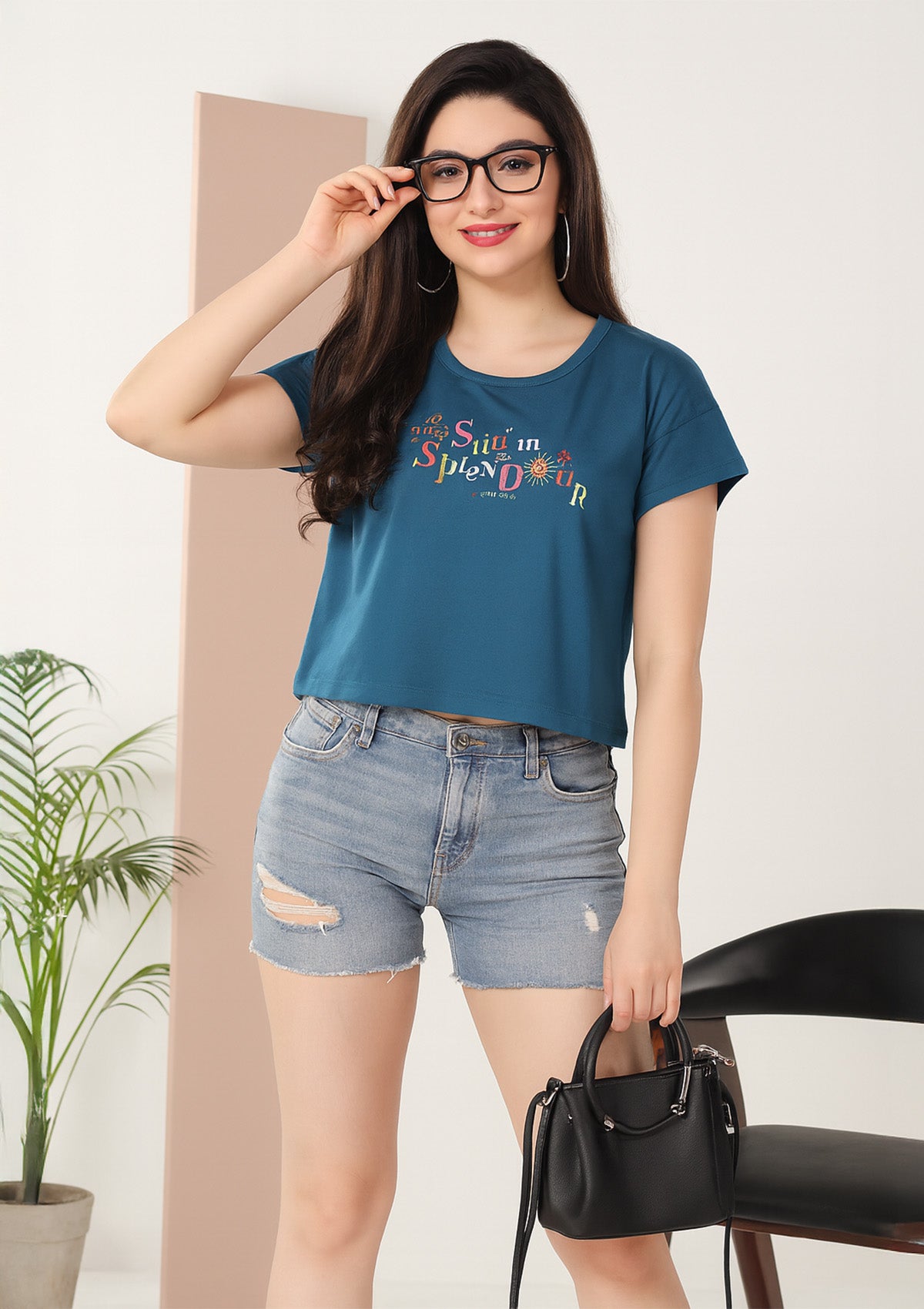 Women’s Graphic Crop Top – Teal Cotton Jersey
