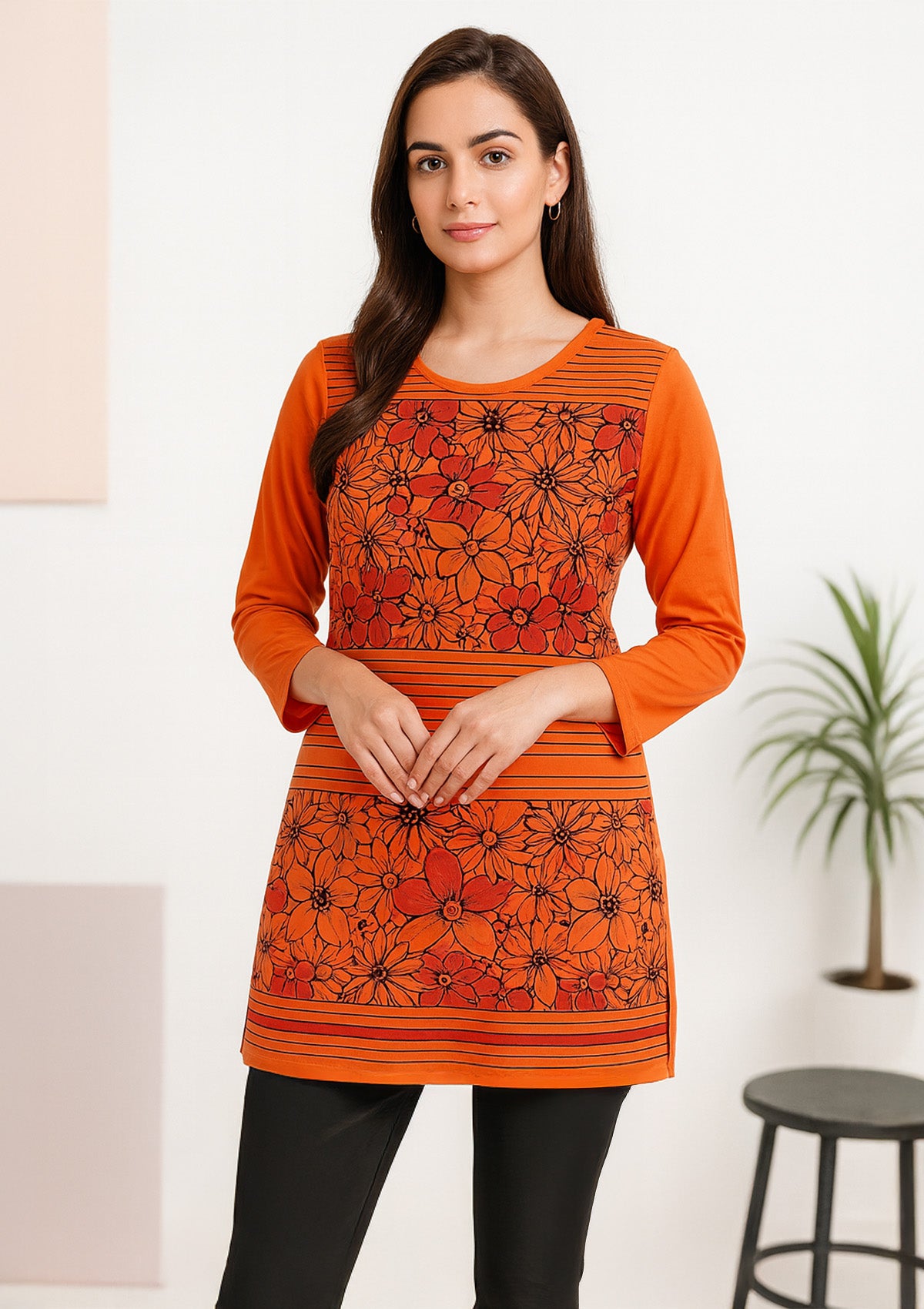 Women’s Long Top/T‑Shirt – Orange Cotton Knit