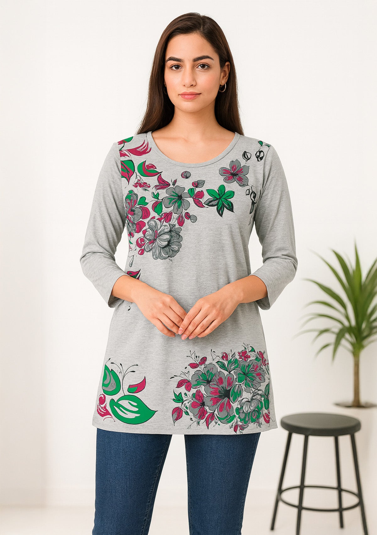 Women’s Long Top – Heather Grey Cotton Knit with Botanical Print