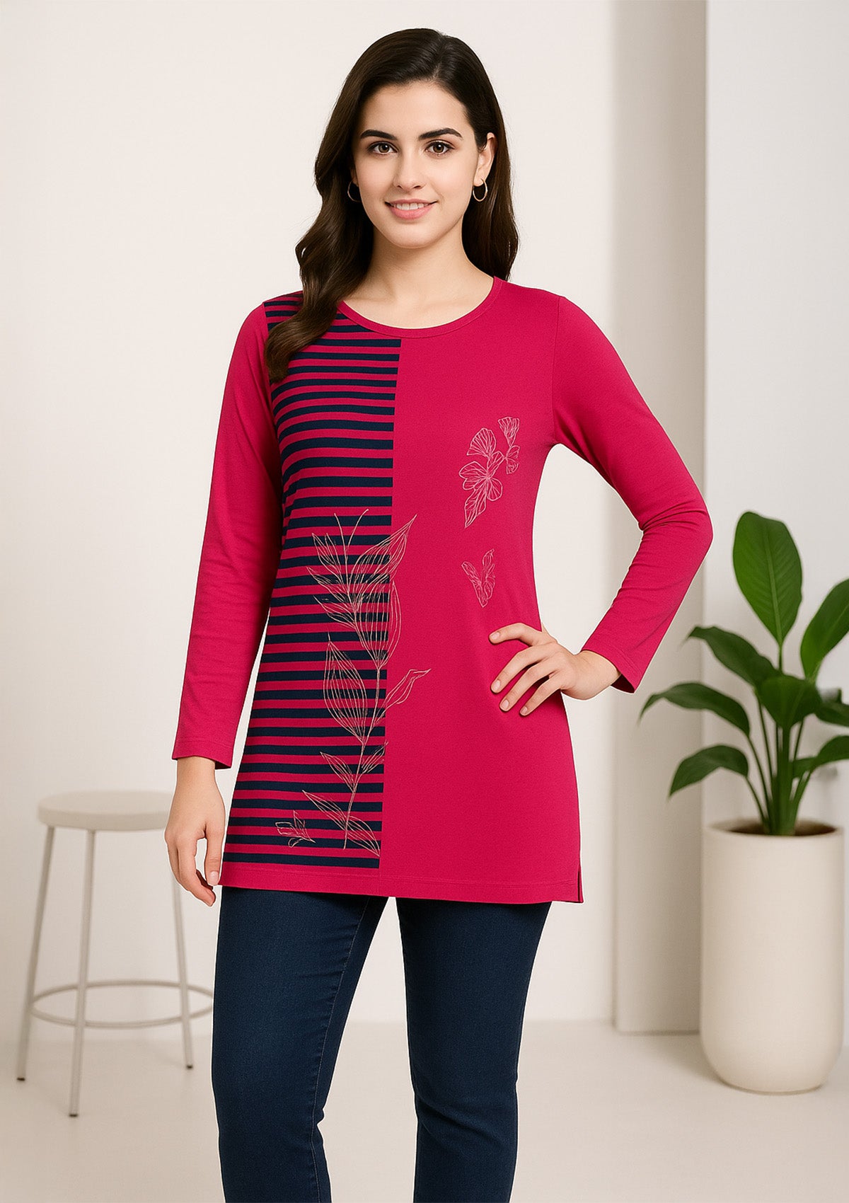 Women’s Long Top/T‑Shirt – Magenta Cotton Knit with Butterfly Motifs