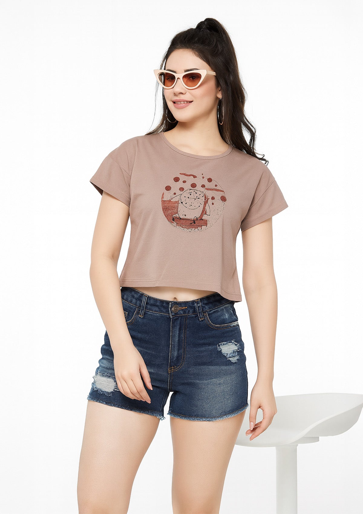 Women’s Graphic Crop Top – Mocha Cotton Jersey