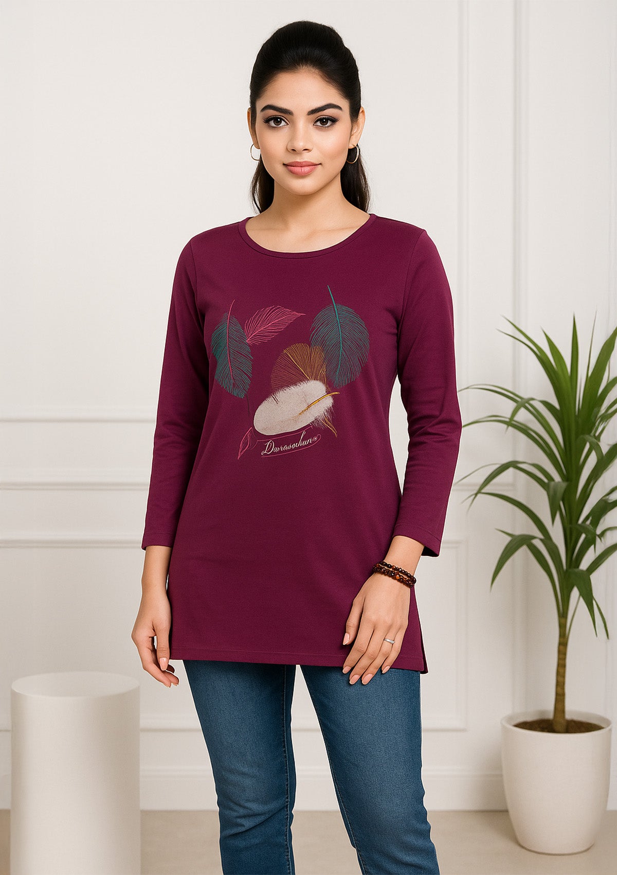 Women’s Long Top – Wine Purple Cotton Knit with Feather Graphic