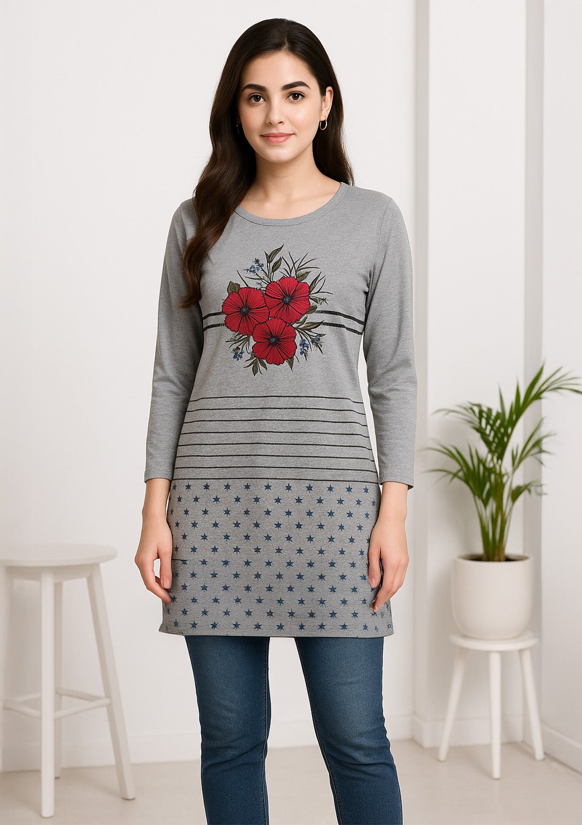 Women’s Long Top - Heather Grey Cotton Knit with Floral Chest Motif