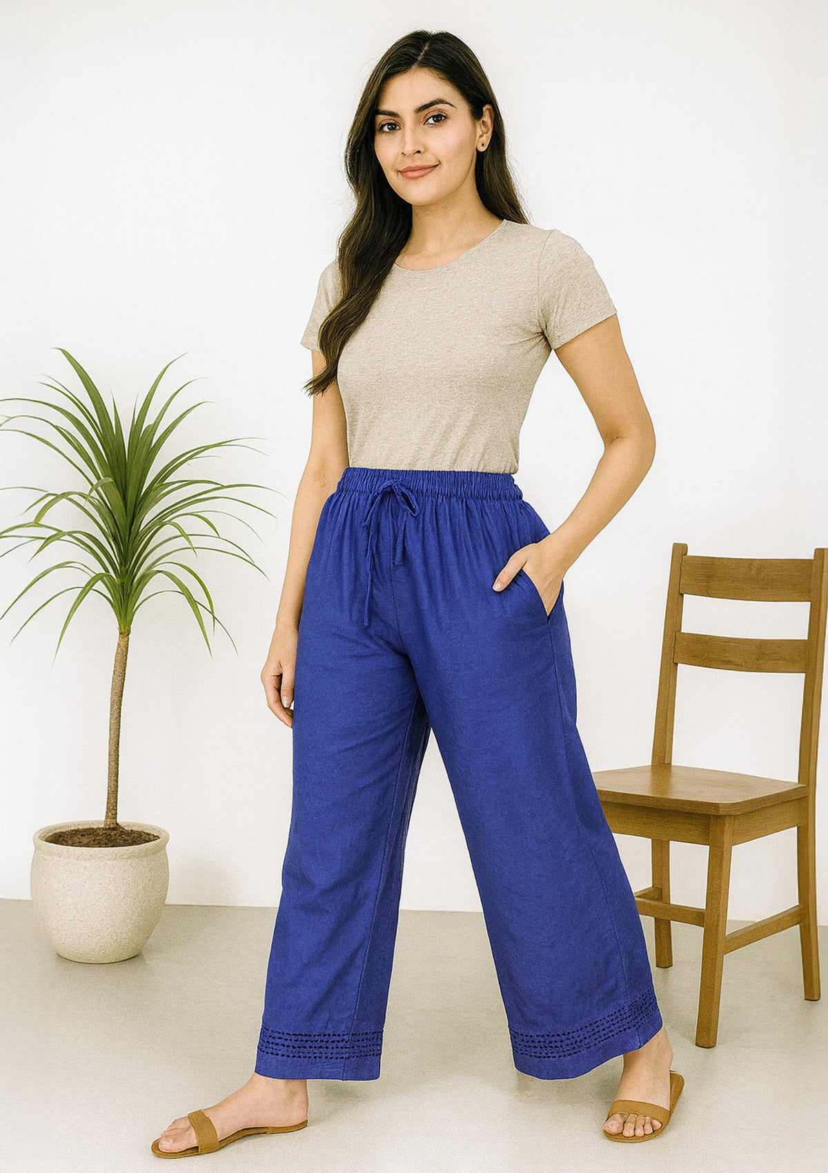 Women’s Blue Chikankari Rayon Palazzo – Flared Embroidered Pants