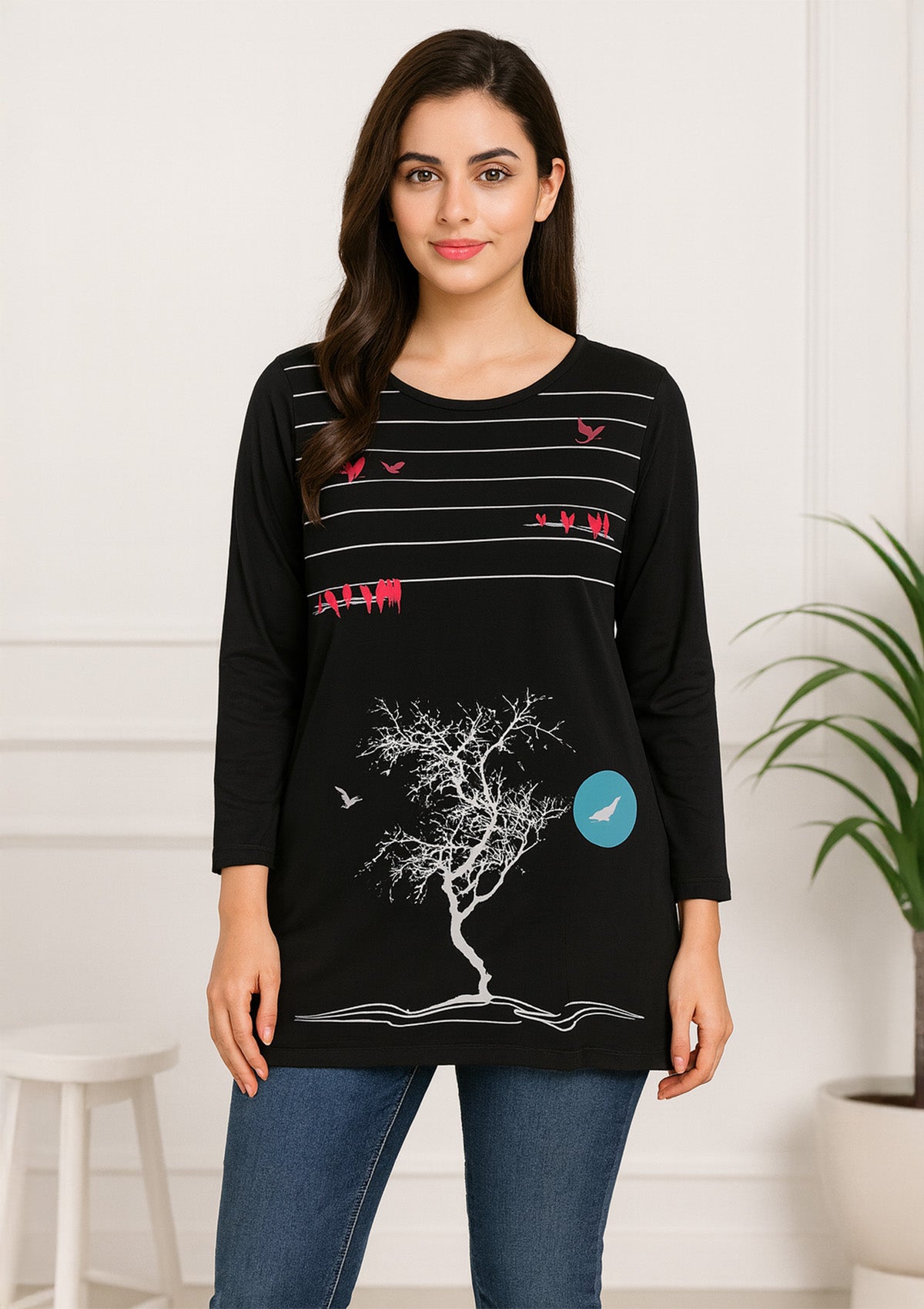 Women’s Long Top – Black Cotton Knit with Birds and Tree Print