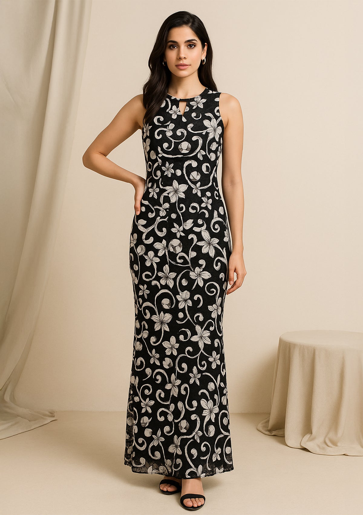 Women’s Black & White Net One Piece Dress – Floral Printed BodyCon